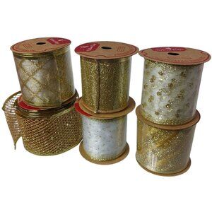 Meedee 2.5" Wired Edge Glitter Christmas Ribbon Set 6 Rolls Gold & White 36 Yard